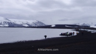 Una lancha zodiac desembarcando junto a un grupo de pingüinos barbijos en Bahía de los Balleneros